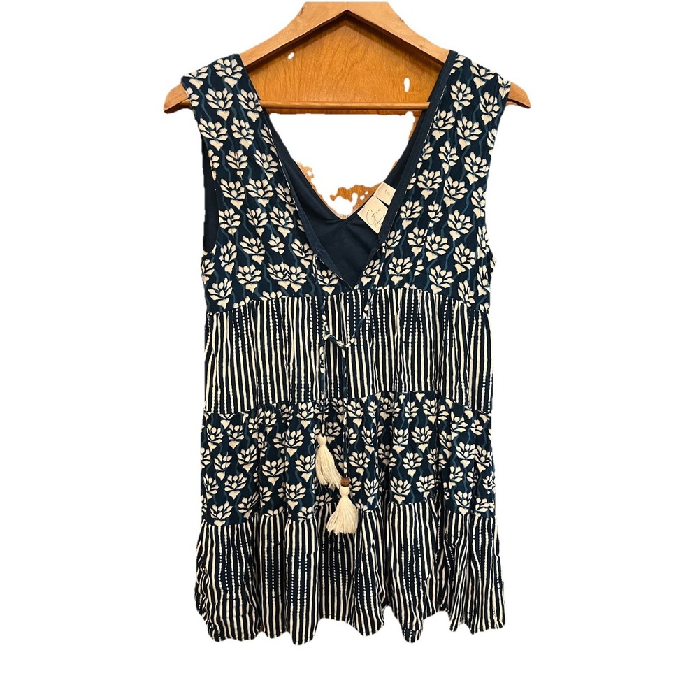 Goa Beachwear By Japna Women's V Neck Sleeveless Blouse Blue & White Tassels Tie